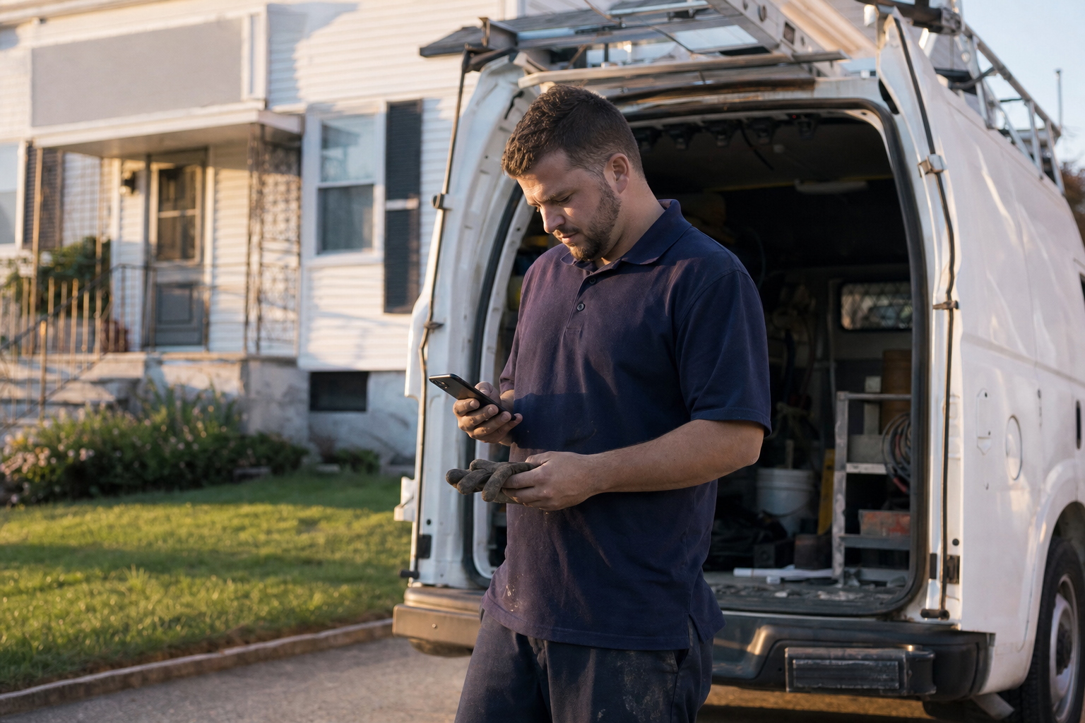 A home-service technician checking his phone beside his open service van in a customer's driveway