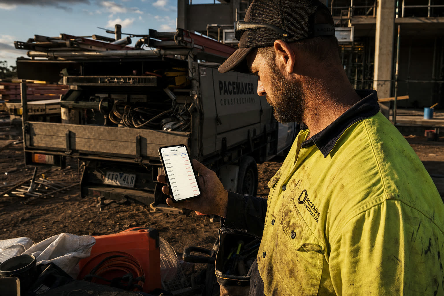A Delaware service business owner holding a phone showing a full schedule of booked jobs