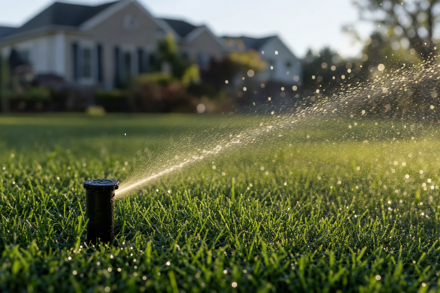 A pop-up sprinkler head watering a residential lawn in early morning light
